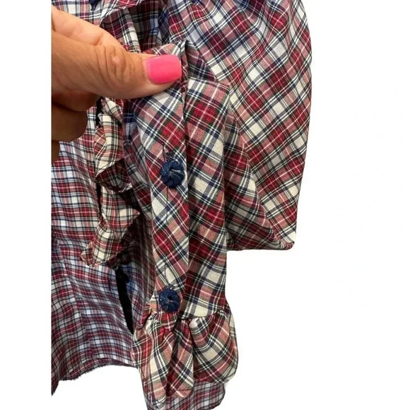 Diane Gilman For Cabai Women's Plaid Tartan Ruffle High‎ Neck Blouse Size 7/8 - Picture 5 of 6